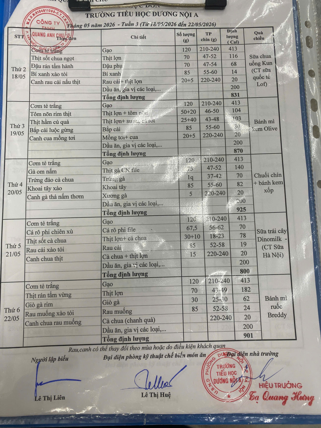 THỰC ĐƠN TUẦN 35