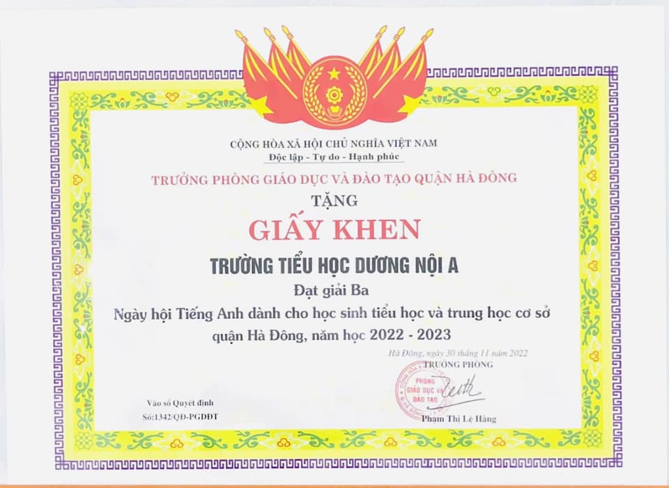 Giấy khen đạt giải ba Festival